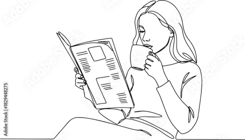 Continuous line drawing: A woman enjoys a quiet moment with news