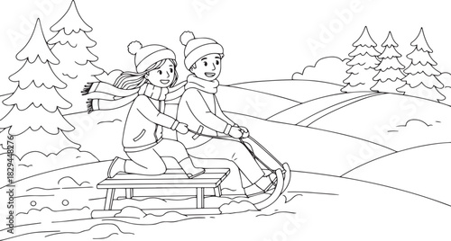 Cheerful couple enjoys winter activity, sledding down snowy hill