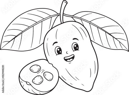 Cheerful pawpaw fruit character with leaves and slice outlined d