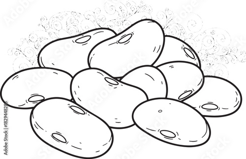 Hand-Drawn Kidney Beans Illustration with Decorative Swirls, Mon