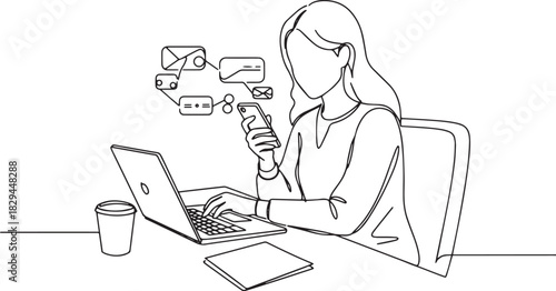 Line Art of Woman Multitasking with Laptop and Smartphone for Co