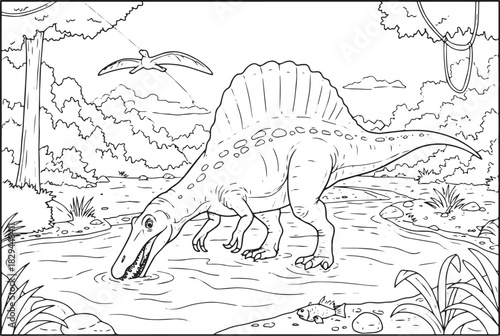 Detailed prehistoric scene line art Spinosaurus dinosaur drinkin