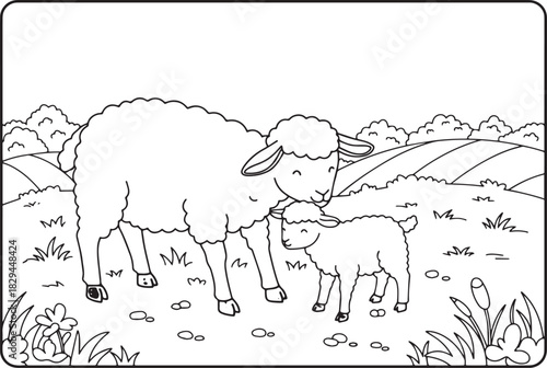 Sheep and Lamb Coloring Page Illustration, Animals in the Field,