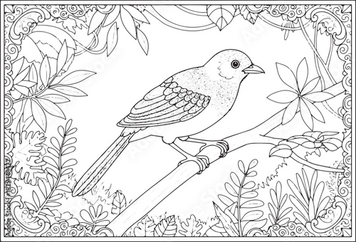 Intricate coloring page featuring a bird perched amidst lush bot