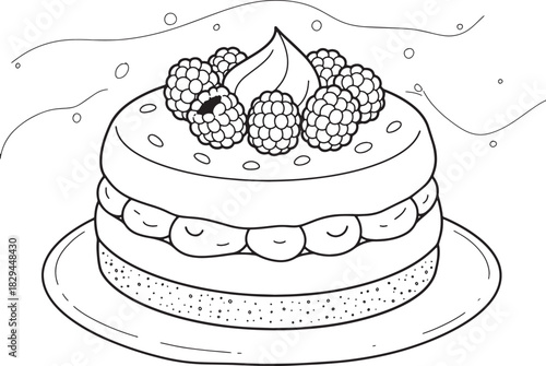 Elegant raspberry mousse cake line art illustration for coloring