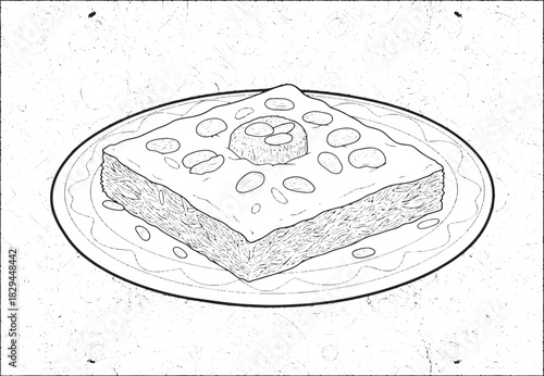 Detailed line art of egyptian konafa dessert on a plate with orn