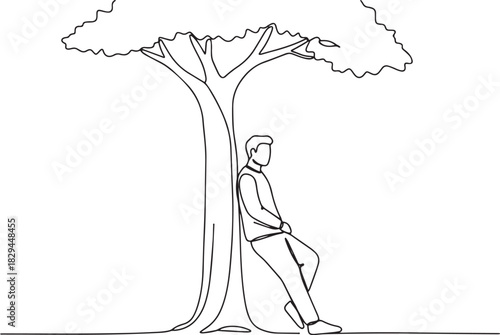 Contour drawing of a man leaning against a tree in a minimalist