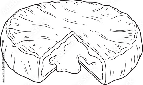 Elegant line drawing of baked brie with melting cheese core, app