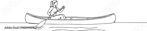 Simple line drawing of a woman rowing canoe on water surface wit
