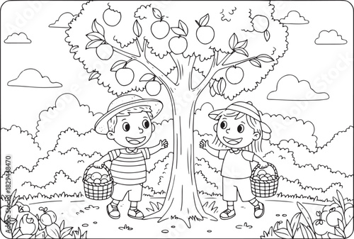 Kids Enjoying Apple Picking in Orchard Coloring Page for Creativ