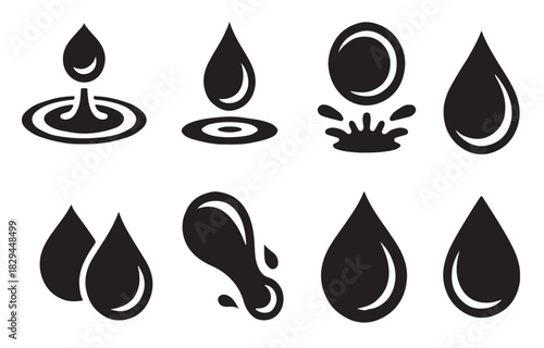 set of solid black water drop icons in various styles