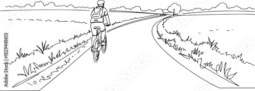 Continuous line illustration of cyclist riding through a rural l
