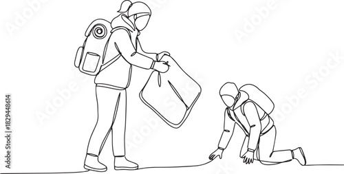 Continuous line drawing showing a woman assisting another during