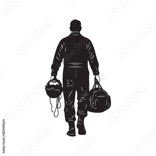 Military Fighter Jet Pilot Silhouette Walking Carrying Helmet and Flight Bag Vector
