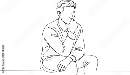 Minimalist Line Art Depiction of a Man Seated in Thoughtful Cont