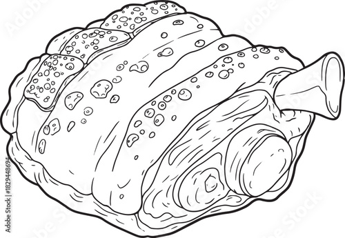 Detailed line art illustration of a roasted pork knuckle, showca