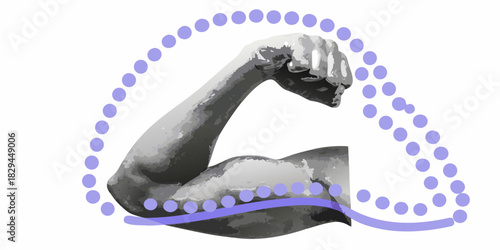 Strong arm with fist surrounded by dots and wave line
