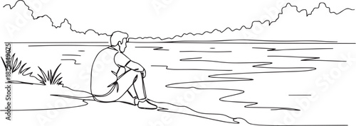 Solitude by the Water A minimalist depiction of a man contemplat