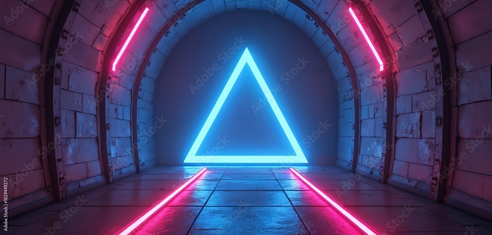 Fototapeta premium Neon triangle glows in futuristic tunnel. Pink and blue lights illuminate stone walls and tiled floor. Sci-fi pathway leads to digital metaverse. Interior with geometric shapes.