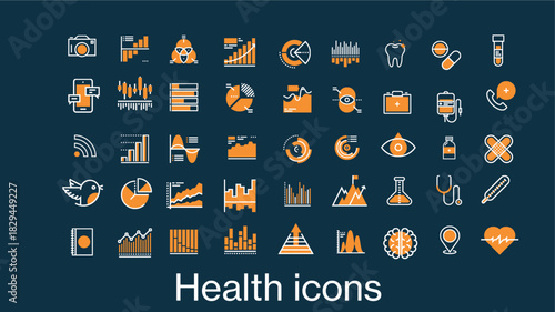 A complete set of medical, health, and chemistry lab icons. Includes kits, tools, symbols, and glassware like beakers and flasks. Clean, flat vector design.