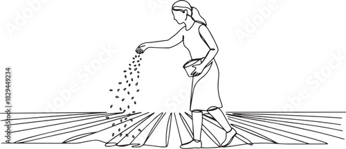 Single line illustration of a woman sowing seeds in a cultivated