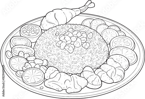 Detailed line art illustration of Trinidadian pelau dish with ri