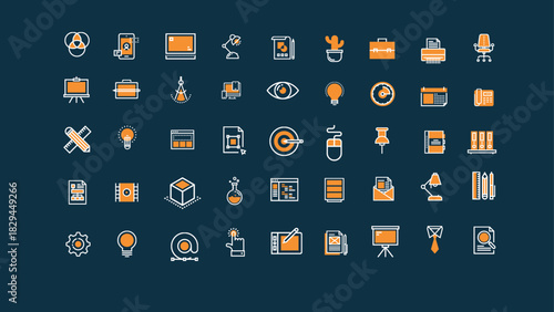 A set of modern, minimalist computer and UI icons including microphone, eye, pin, lamp, job, laptop, pen, idea, juice, bulb, TV, and artboard. Vector illustration.
