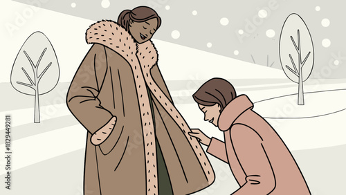 Winter fashion illustration: women in coats, snowy landscape, stylish outerwear and friendship scene