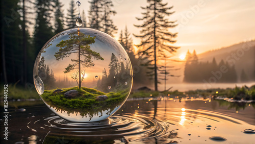 A glass sphere with a tree and moss, resting in water with ripples, reflecting a misty forest at golden hour, symbolizing environmental care