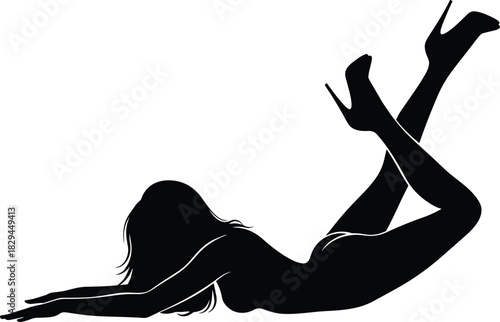 Sexy Woman Silhouette Lying Down Pose, Female Figure in High Heels Glamour, Fashion, Lingerie, Pin Up Vector Graphic Illustration