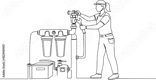 Woman plumber repairing water filtration system with wrench line