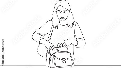 Distressed woman searching frantically through her purse for imp