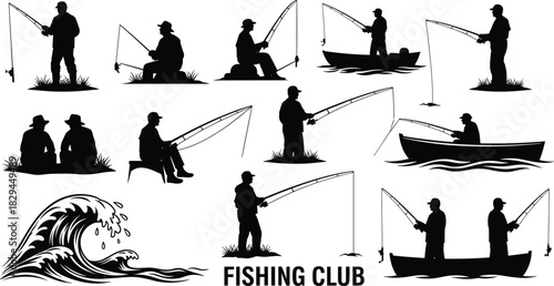 Fishing Club Vector Silhouette Set, Collection of Angler Silhouettes Fishing from Shore and Boat, Ocean Wave Graphic, Outdoor Hobby Symbol