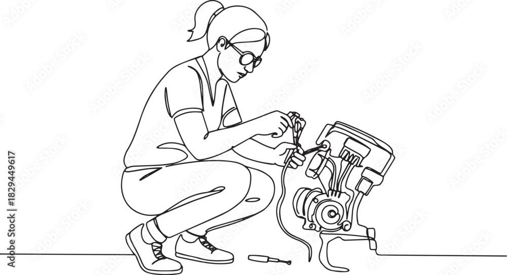 Fototapeta premium Focused Mechanic: A Woman Rewiring Motorcycle Engine with Precis