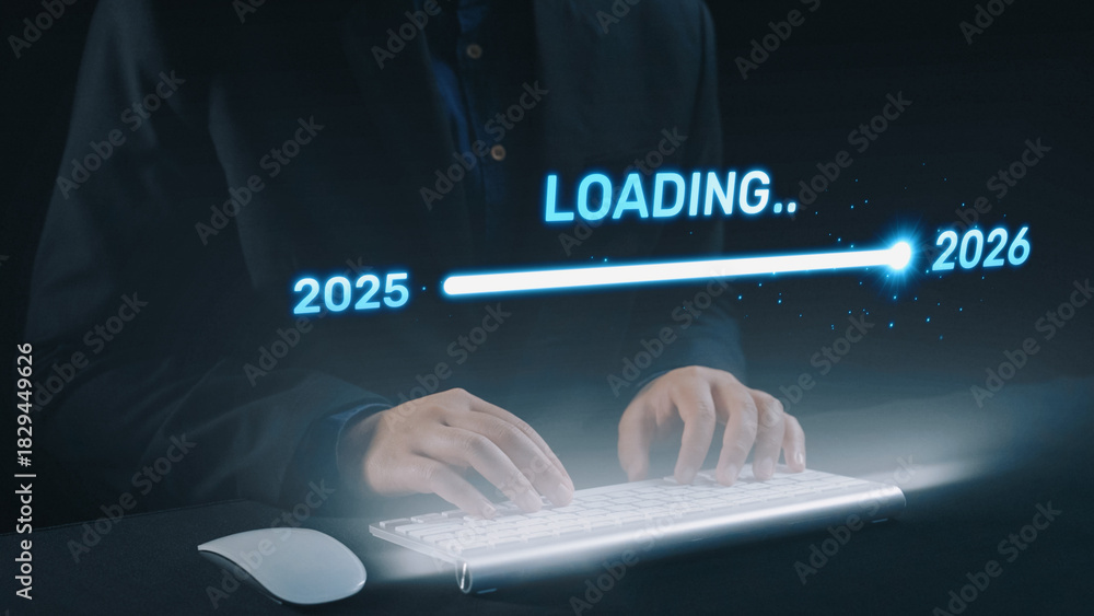 Fototapeta premium Visualizing the shift from 2025 to 2026. Progress bar symbolizing advancement, strategic foresight, yearly goal-setting, and business transformation for the upcoming year. Elide
