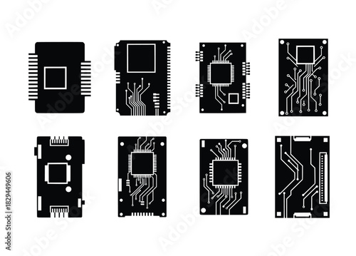 silhouette of collection of eight black and white electronic