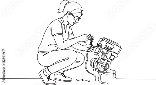 Focused Mechanic: A Woman Rewiring Motorcycle Engine with Precis