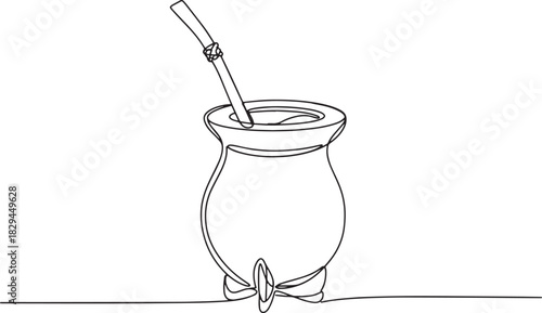 Single Line Drawing: Traditional Yerba Mate Gourd with Bombilla,
