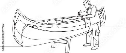 Single continuous line drawing of craftsman repairing a wooden c