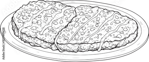 Detailed monochrome illustration of chicken fried steak on a pla