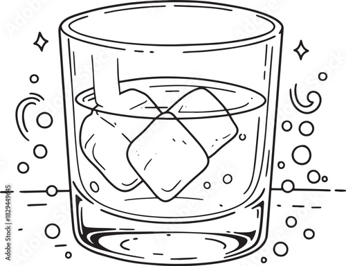 Stylized line art illustration of a whiskey glass with ice cubes