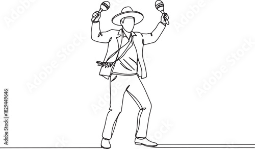 Single line drawing of a man playing maracas with festive enthus