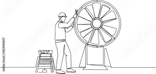 Line art depicting a technician maintaining a large industrial t