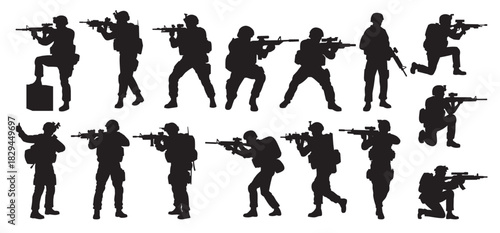 silhouettes of armed soldiers in various combat stances