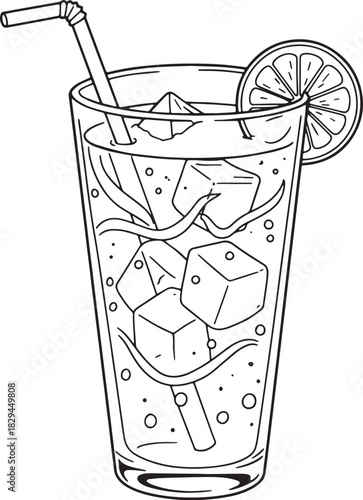 Refreshing iced beverage with lemon slice outline illustration v