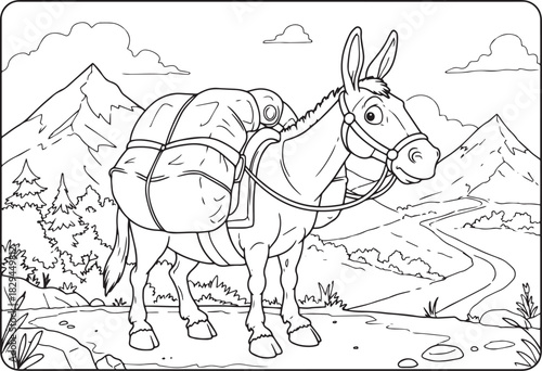 Line art depiction of a mule carrying supplies through a mountai