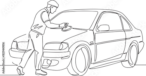 Continuous line drawing of a man sanding a car for restoration p