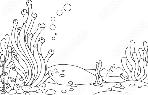 Cartoon underwater scene with seagrass and bubbles, ready for co