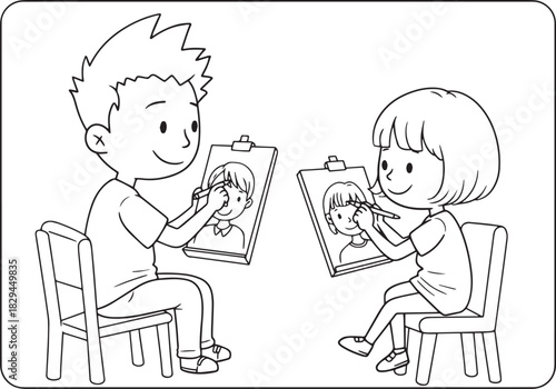 Charming children meticulously sketching portraits, fostering cr