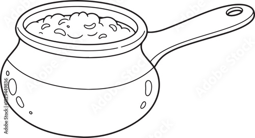 Illustrative ghee pot drawing in monochrome line art food prepar